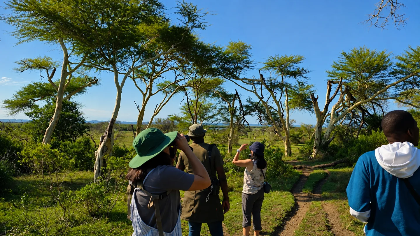 Guests enjoying a guided safari walk in a green landscape