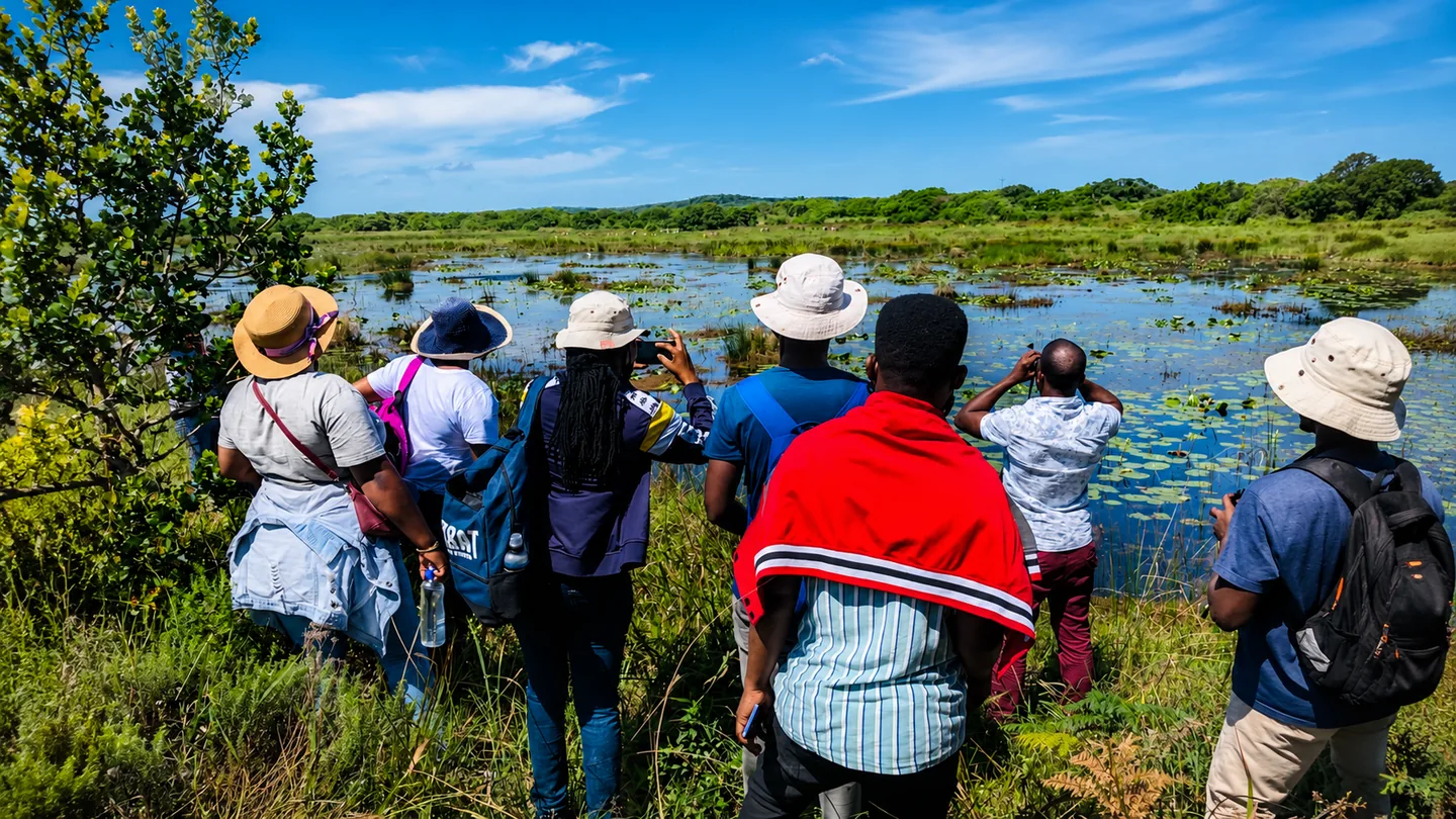 Birdwatchers exploring a bright open wetland