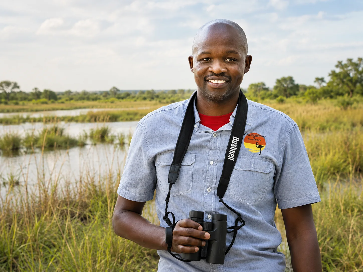Themba, local St Lucia birding guide, holding binoculars beside a wetland