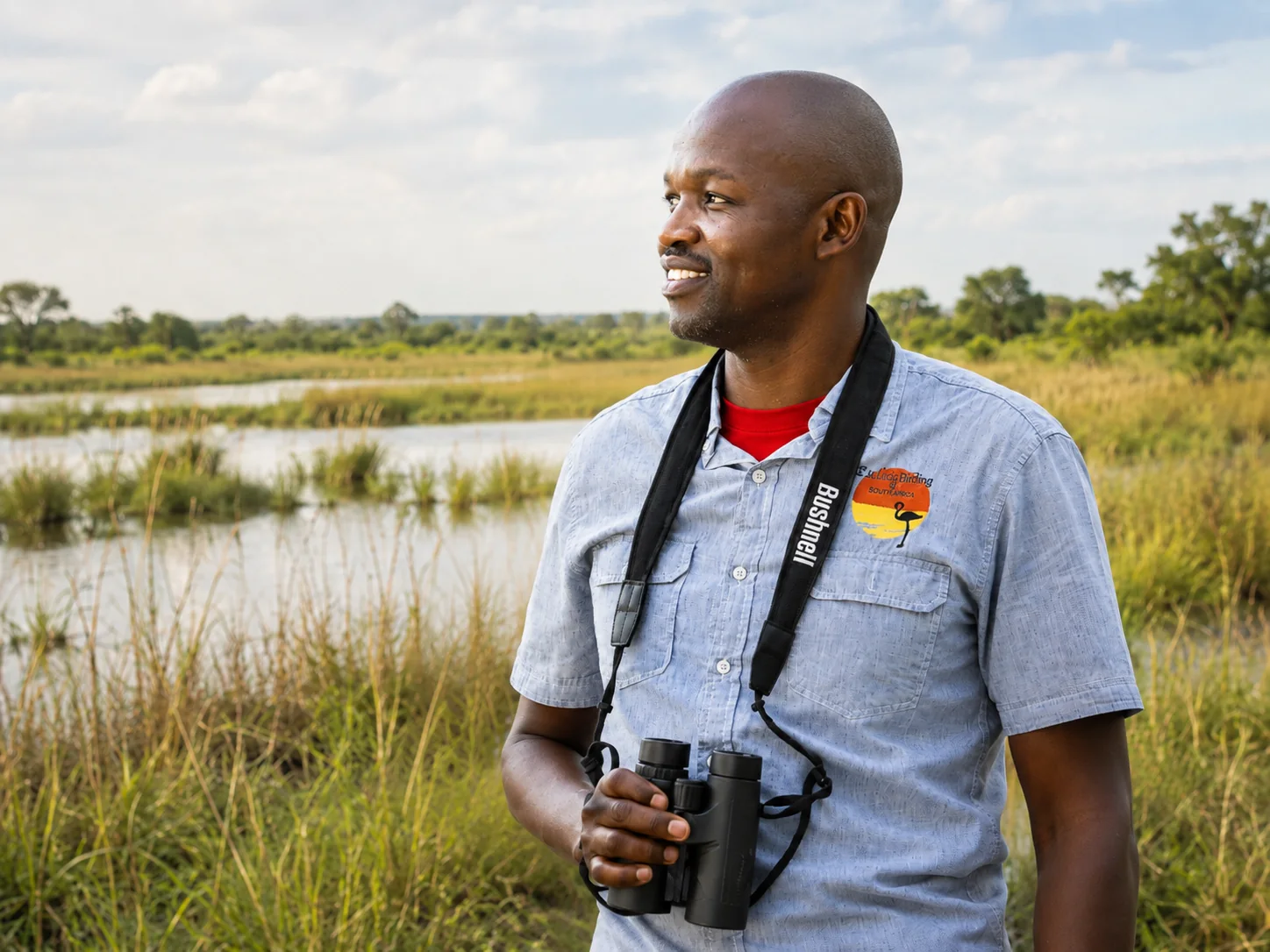 Birding guide with binoculars in a wetland setting